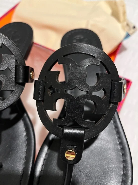 Tory Burch Miller Black Leather Logo Thong Sandals - Picture 3 of 11